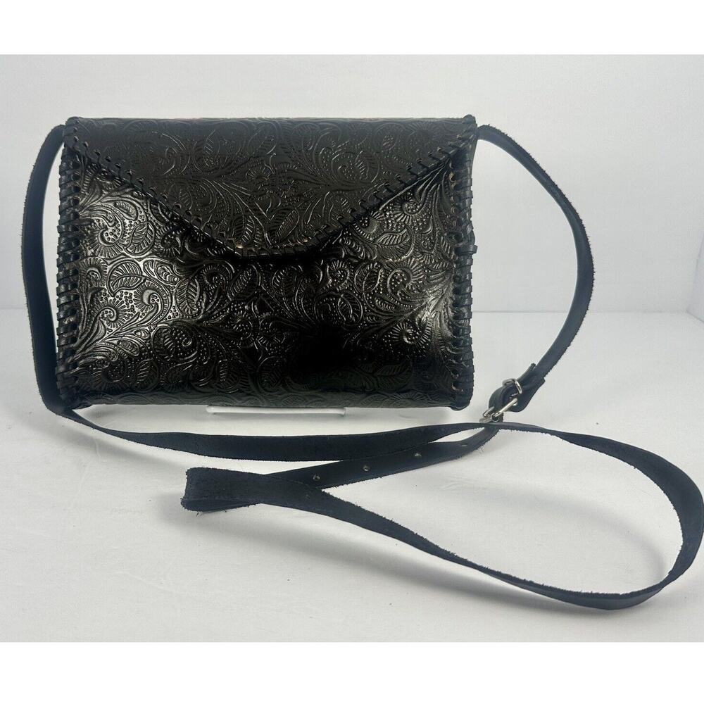 New Leather Tooled Purse Black Mexico Made Handmade Cross Body Adjustable Strap